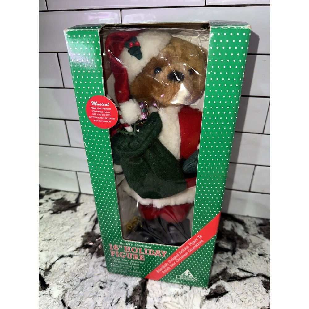 1994 HOLIDAY CREATIONS 16" - Teddy Bear, PLAYS CHRISTMAS TUNES & POSABLE - New